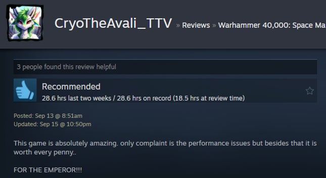 Screenshot of the article titled Warhammer 40,000: Space Marine 2, As Reported by Steam Reviews